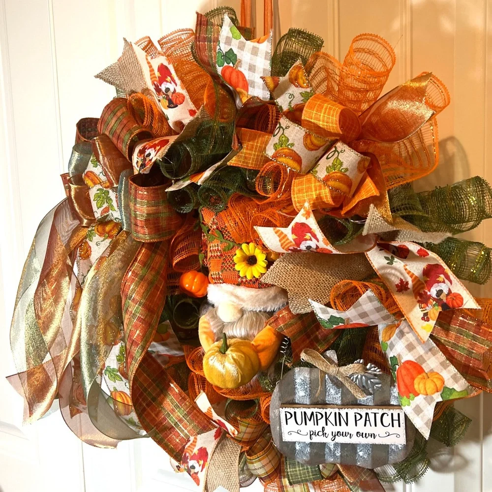 Autum Fall Ribbon Wreath Pumpkin Gnome Handmade 22 in’s. #W2